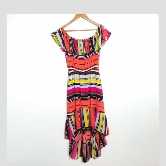 Charles Henry Dress High Low Ruffle Top On/ Off Shoulder Stripe Flounce Bottom - Picture 5 of 14